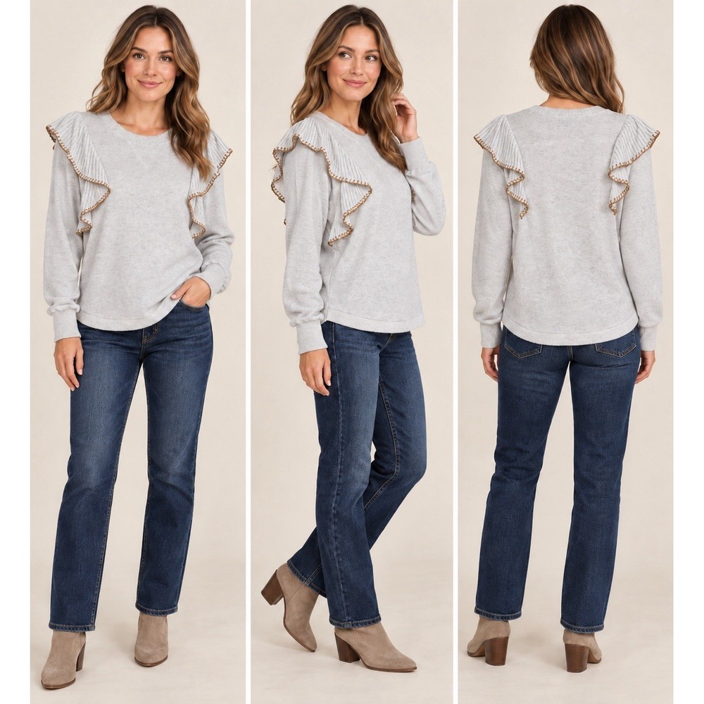 Democracy Women's Medium Gray Ruffle Shoulder Knit Sweater Whipstitch Trim